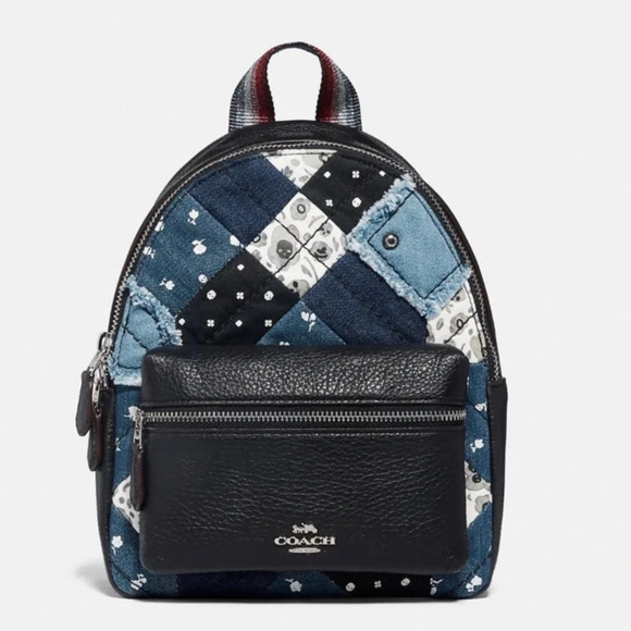 Coach Charlie Mini Americana Denim Pattern Patchwork Studded Rhinestone Backpack - Picture 1 of 10
